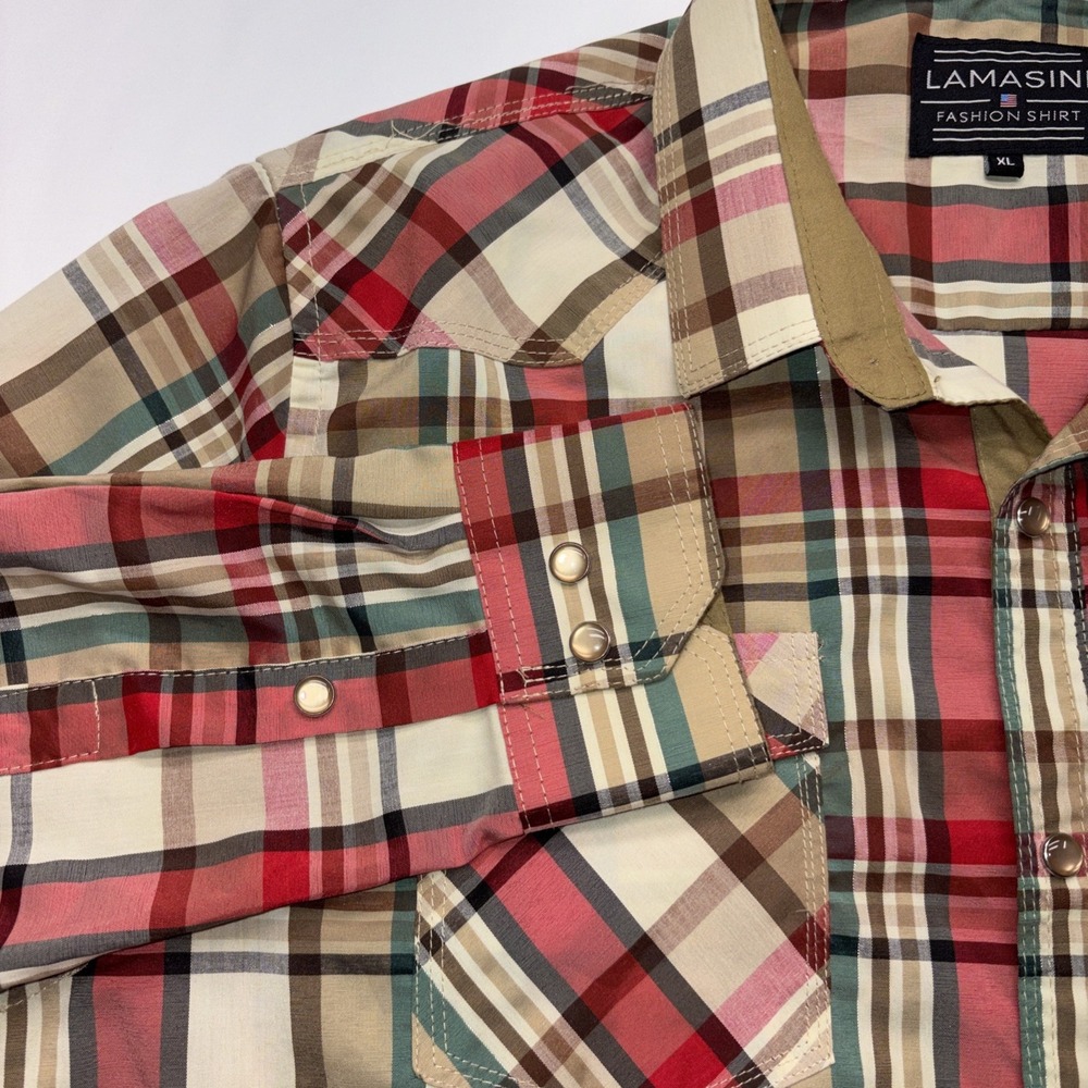 LAMASINI Shirt Men's XL Multicolored Bown Plaid Pearl Snap Long Sleeve Western